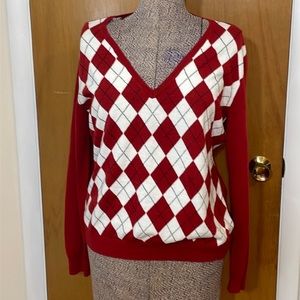 New York & Company Womens XL Red and White Argyle V-Neck Sweater